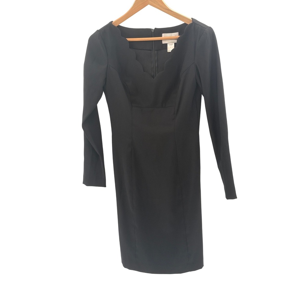 Hugo‎ Buscati Dress Women Size 2 Black V Neck Long Sleeve Scalloped V Neck